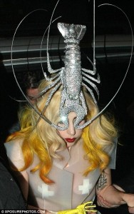 Lady Gaga in lobster hat + transparent dress at Mr Chows, London